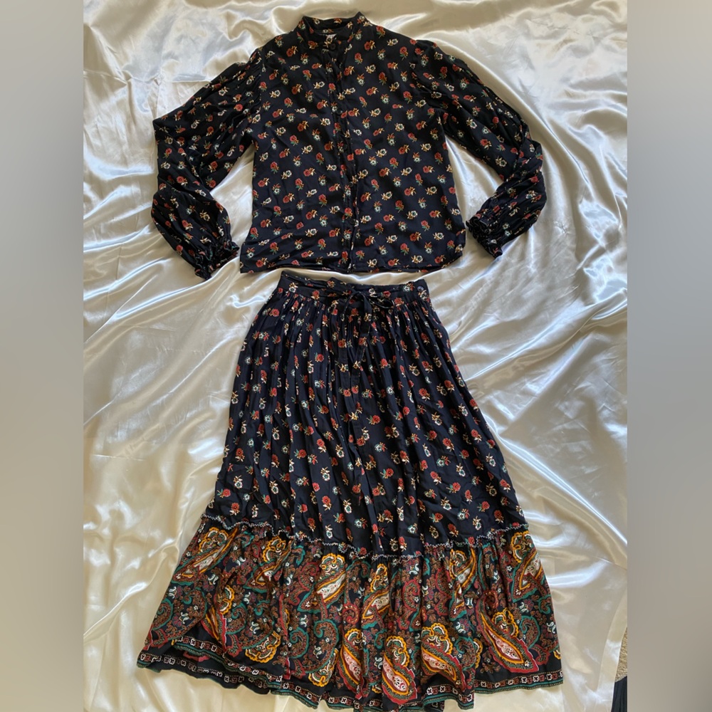 Vintage 1970s Black Floral Paisley Boho Puff Sleeve Skirt Set XS/S Peasant
